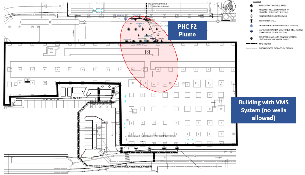 Figure 1 – Site Plan showing approximate PHC F2 plume location and Building with VMS System